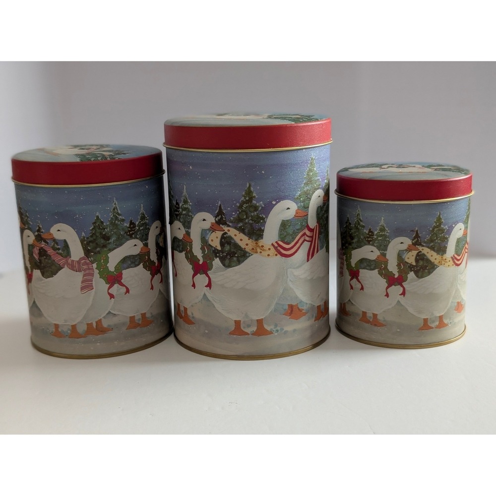 Vintage Winter Geese Tin Nesting Canister Set of 3 Cottagecore Holiday Decor
